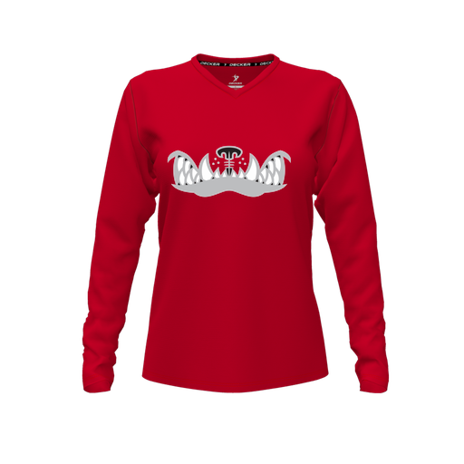 [CUS-DFW-TEES-CMF-VNK-LSL-RED-FYXS-LOGO2] Decker Comfort T-Shirt (Female Youth XS, Red, V Neck, Logo 2, Long Sleeve)