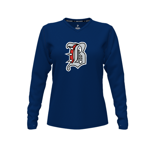 [CUS-DFW-TEES-PER-VNK-LSL-NVY-FYXS-LOGO1] Decker Performance T-Shirt (Female Youth XS, Navy, V Neck, Logo 1, Long Sleeve)