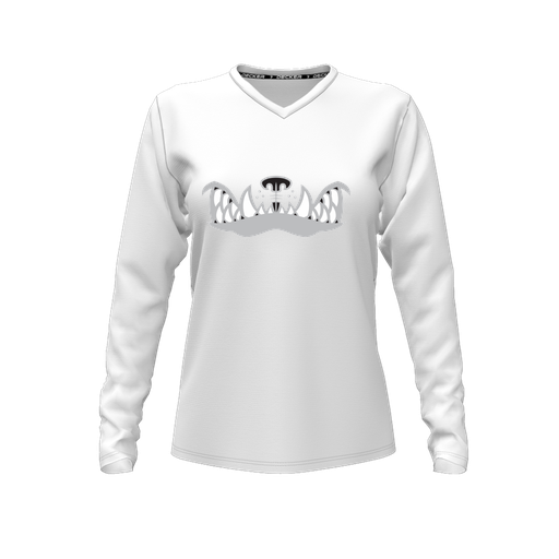 [CUS-DFW-TEES-PER-VNK-LSL-WHT-FYXS-LOGO2] Decker Performance T-Shirt (Female Youth XS, White, V Neck, Logo 2, Long Sleeve)