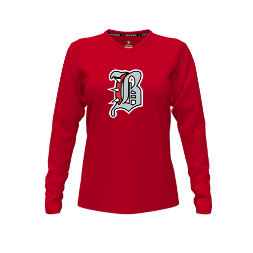 [CUS-DFW-TEES-PER-VNK-LSL-RED-FYXS-LOGO1] Decker Performance T-Shirt (Female Youth XS, Red, V Neck, Logo 1, Long Sleeve)